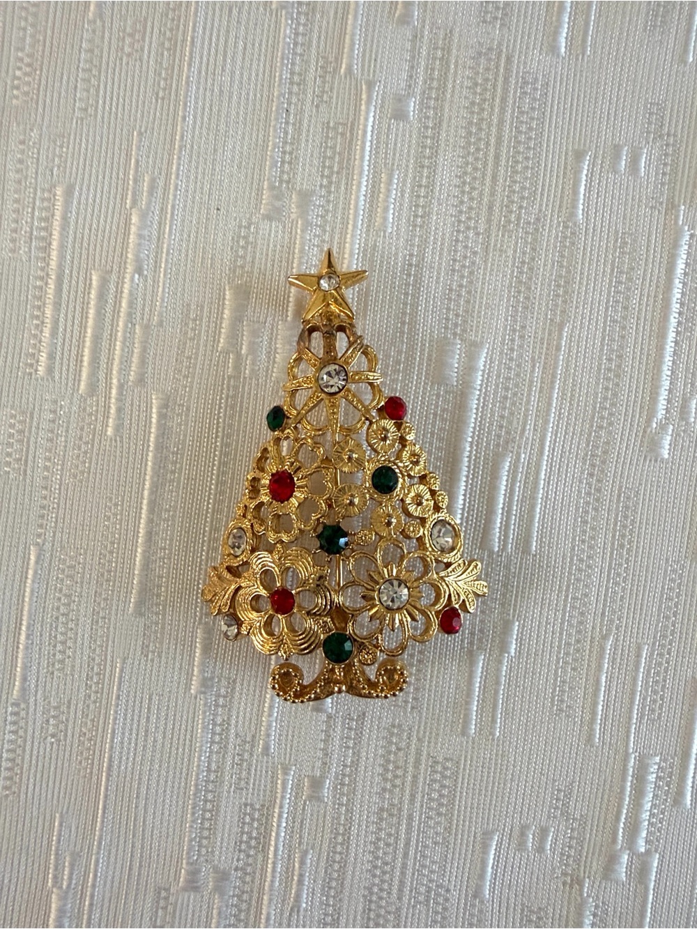 Vintage Gold-tone Christmas Tree Brooch with Red & Green Accents